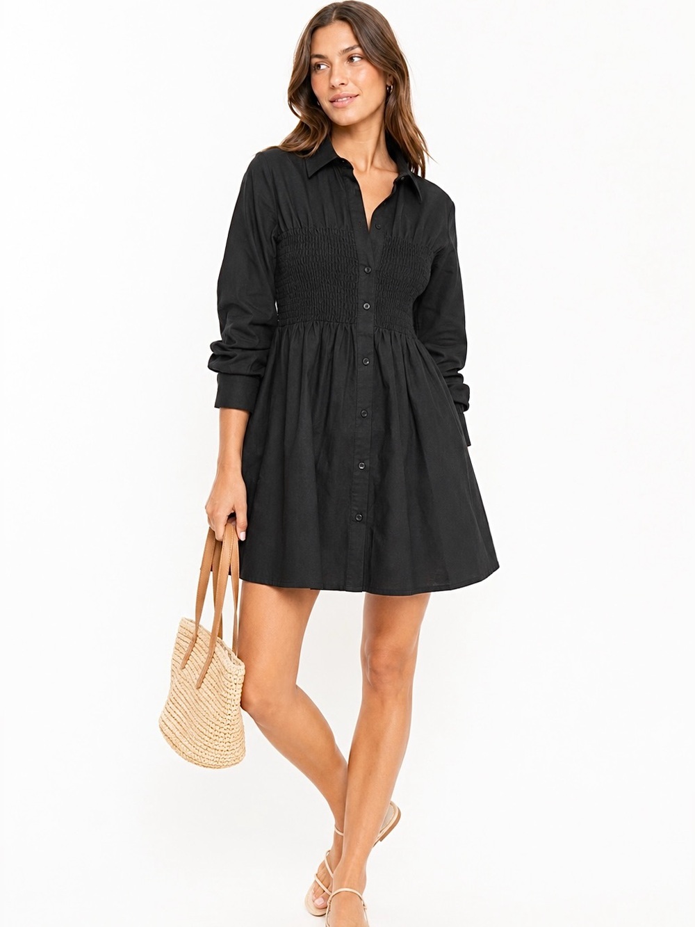HYFVE Cotton Smocked Long Sleeve Mini Shirt Dress Size L Black